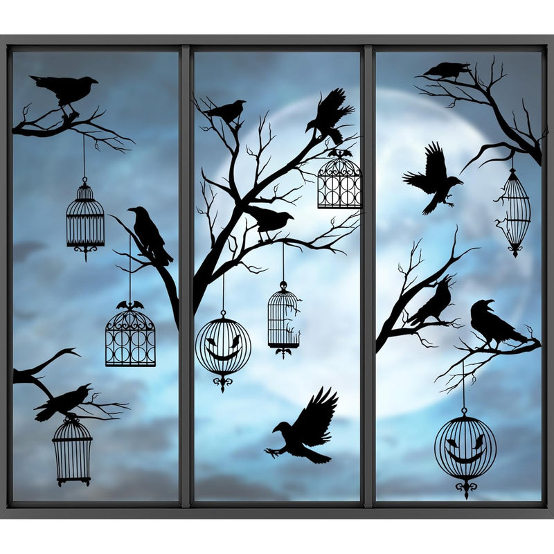 Halloween Window Clings Decals 9 Sheets Black Crow Cage Window Sticker Double-