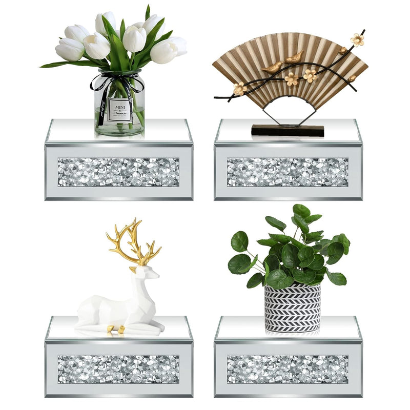 4 Pcs Floating Wall Shelf Mirrored Crystals Wall Rack Diamond Glass Shelves De