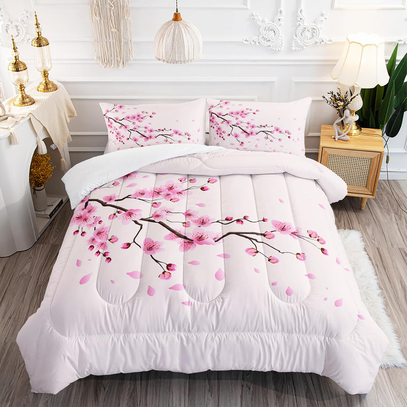 Cherry Blossoms Comforter Set Twin Size 3Pcs Romantic Theme Pink Bedding Set G