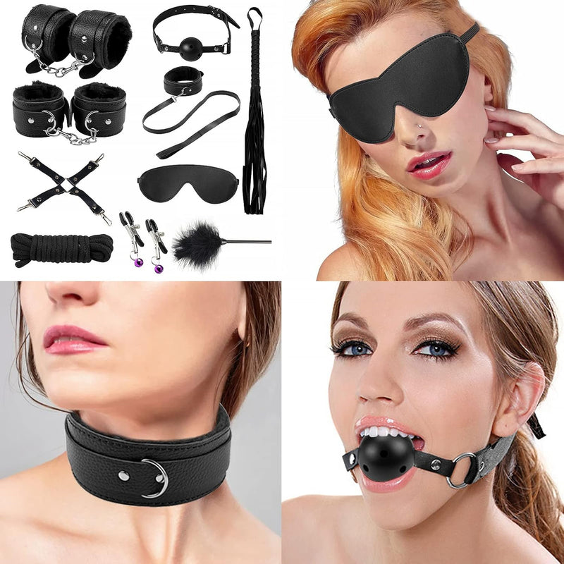 11Pcs Sex Bondage Restraints Set Bdsm Sex Adult Gift,Sm Adult Games Cuffs Gag Blindfold Spanking Paddle Sex Toys For Women And Couples,Furry Leather Bondage Sets Restraint Kits – Black
