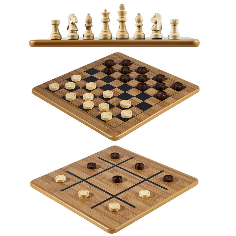 Checkers Chess Tic Tac Toe Game Set 11.5" X 11.5" Double Sided 3 In 1 Board