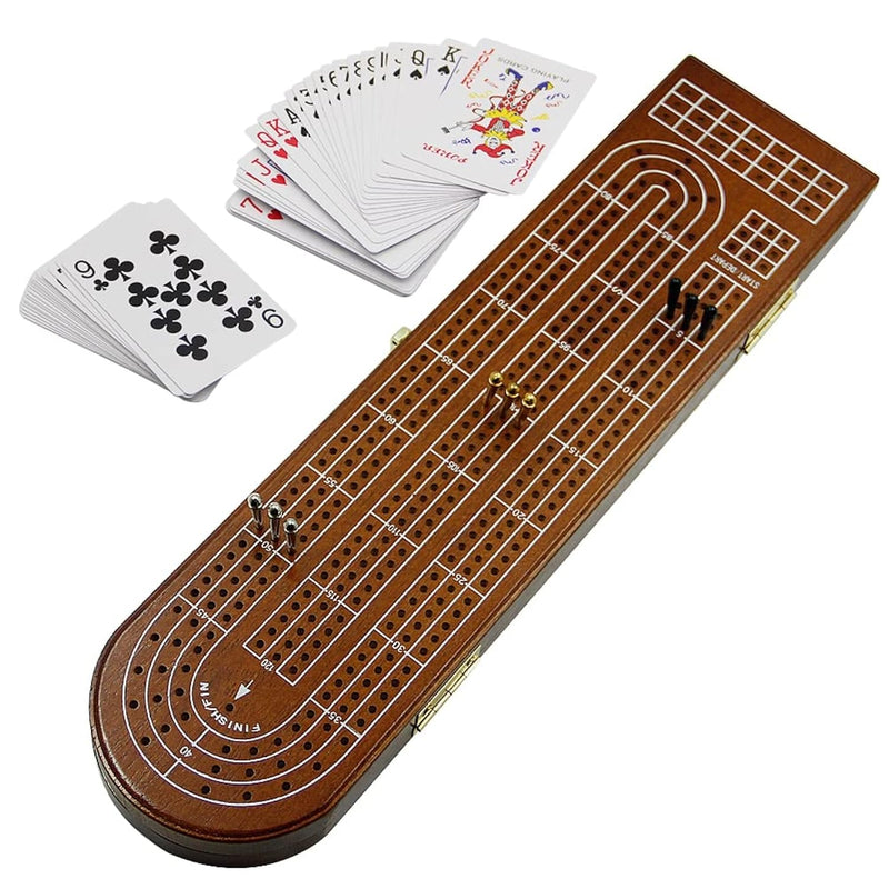 Juegoal Wood Cribbage Board Game Set 3 Tracks with Metal Pegs, Cards, Stora