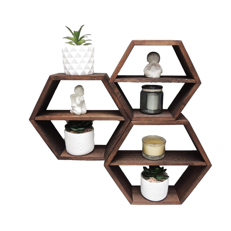 Rustic Wall Mounted Hexagonal Floating Shelves – Set Of 3 – Large, Medium And