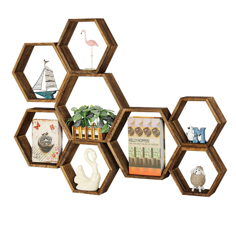 Hexagon Floating Shelves Wall Mounted Set Of 8 Wood Hexagonal Storage Shelves