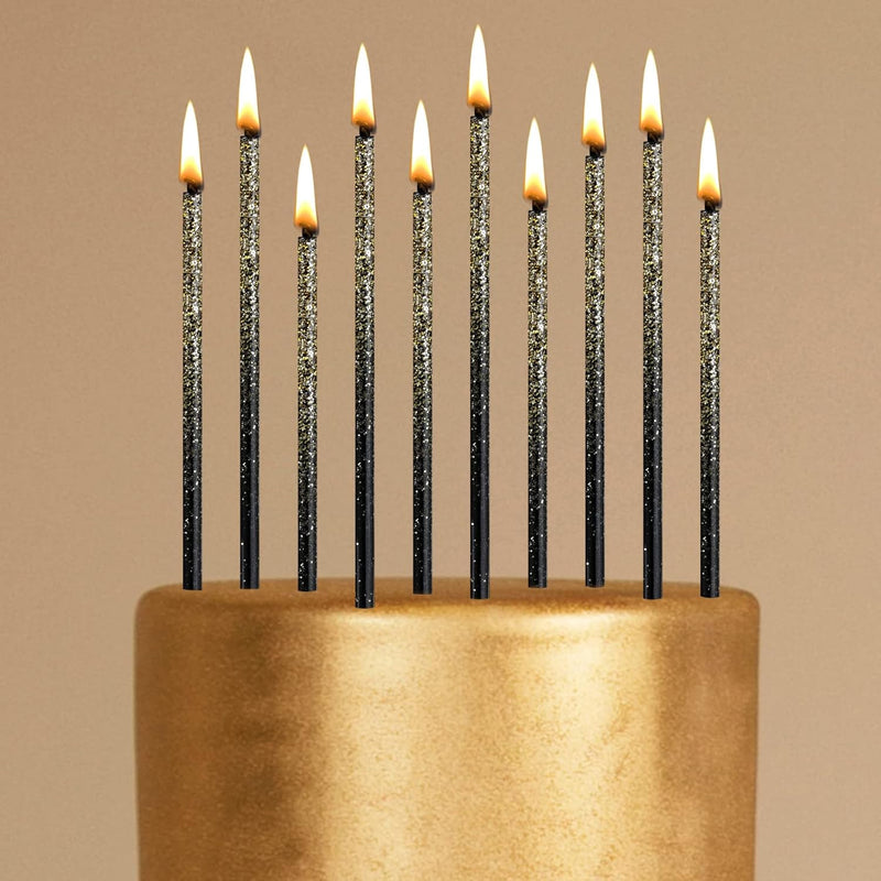 12 Pieces Black Gold Metallic Birthday Candles Long Thin Cake Candles For Cake