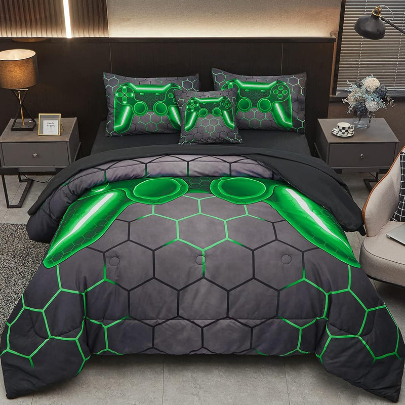 Game Console Twin Comforter Set For Boys Girls, Green Honeycomb Gaming 6 Piece