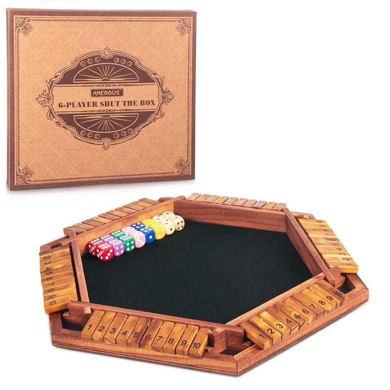 AMEROUS Upgraded 1-6 Players Shut The Box Dice Game, Wooden Board Table Mat