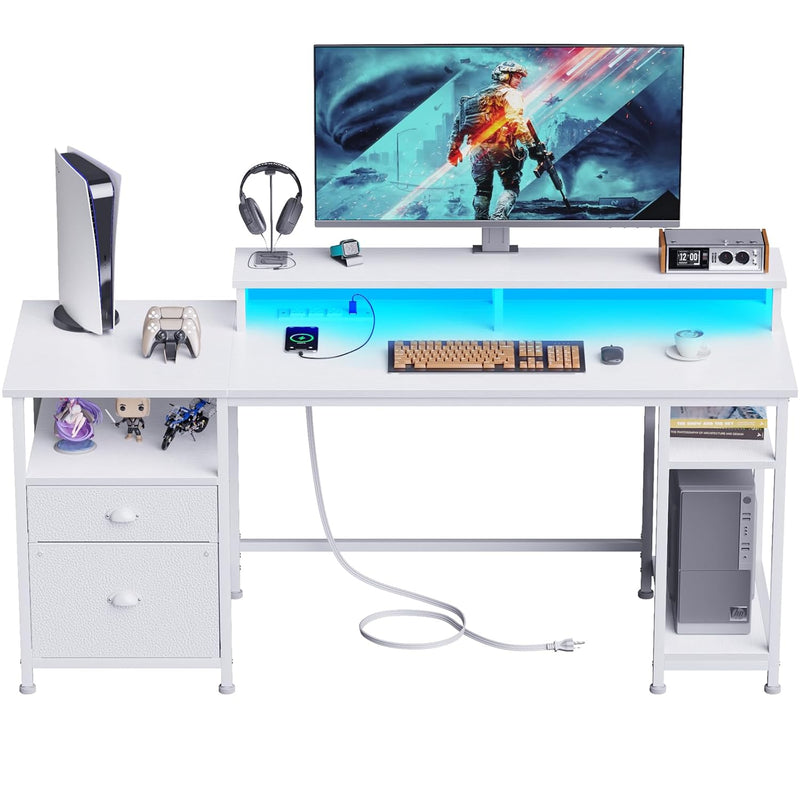 61" Desk With Led Light & Power Outlets, Reversible Computer Desk With File Ca