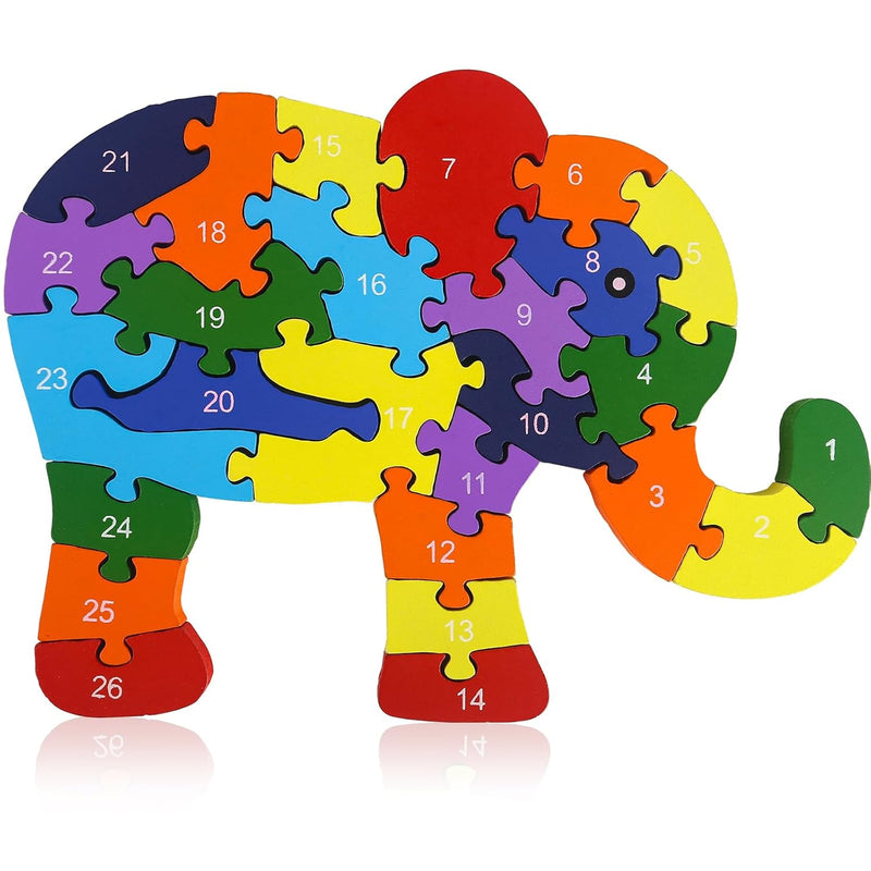 LovesTown Alphabet Jigsaw Puzzle, Animal Wooden Puzzle Elephant Letters Num