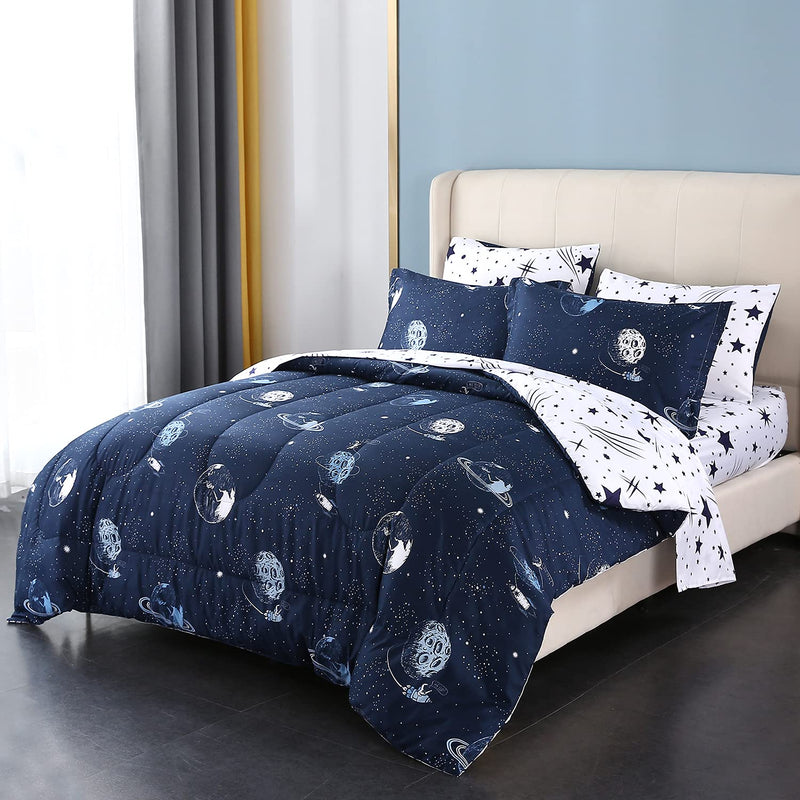 Galaxy Comforter Sets For Queen Bed - 7 Pieces Star Space Reversible Bed In A