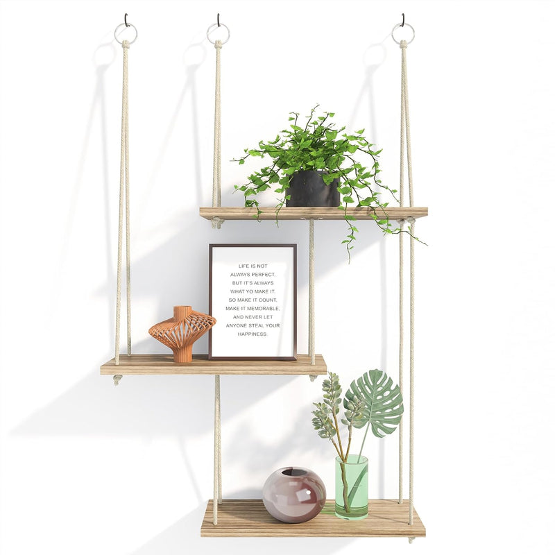 Hanging Shelves For Wall, 3 Tier Boho Wall Decor Plant Rack Floating Shelves R
