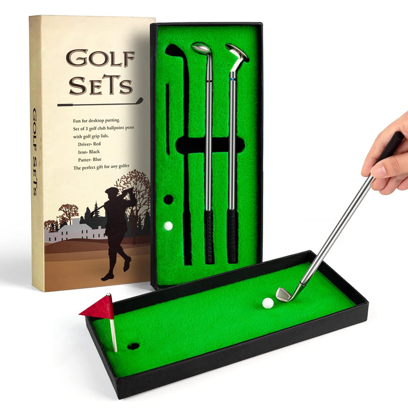 Golf Pen Set, Mini Desktop Golf Ball Pen Gift Set With Putting Green, Flag,