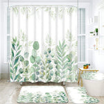 Green Leaves Shower Curtain Sets with Non-Slip Rug, Toilet Lid Cover and Bath Mat, Plant Leaves Shower Curtain Sets with 12 Hooks, Shower Curtain for Bathroom Set Decor