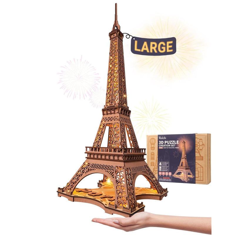 Rolife 3D Wooden Puzzles for Adults, Large Eiffel Tower Set-LED Model Build