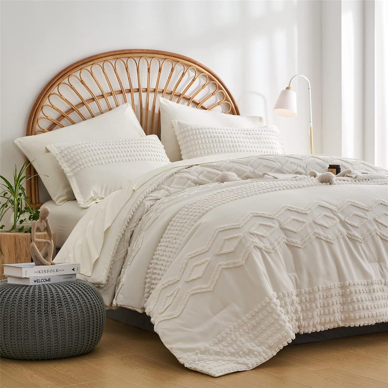 White Tufted Comforter Set Queen Size 7 Piece Bed In A Bag, Shabby Chic Boho C