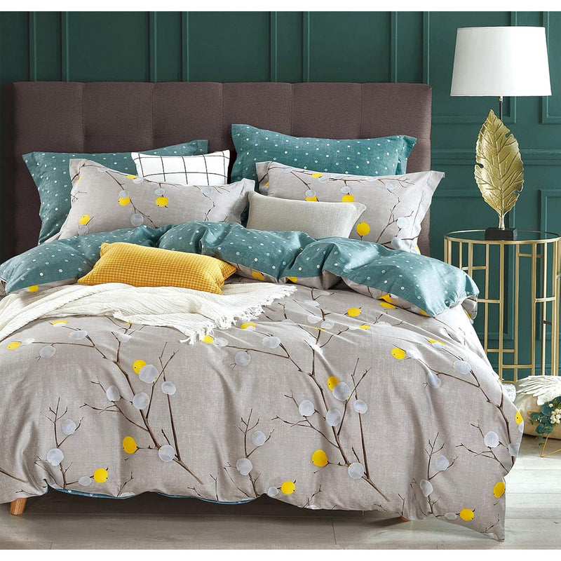 Comforter Queen Size, 600 Thread Count Cotton Grey Branch With Yellow Turquois