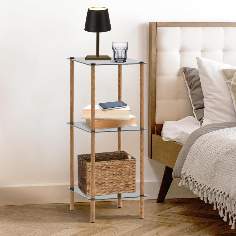 3-Tier Metal & Glass Black Shelf, Shelving Display Rack, Open Glass Shelves; M