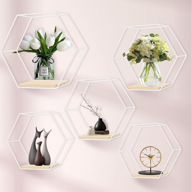 Wall Mounted Hexagonal Floating Shelves White Set Of 5, Modern Metal White She