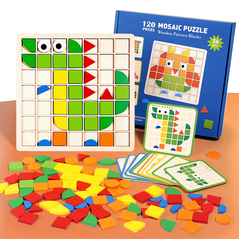Mosaic Shape Wooden Pattern Blocks Puzzle, 120 Pcs Wooden Pattern Blocks Wi