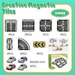 Magnetic Road Tiles Set with Pullback Cars for Kids Ages 3+