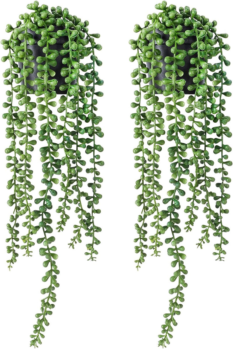 2pcs Faux Plants Indoor — Artificial String of Pearls Plant in Black Pots, Realistic Green Fake Hanging Plants for Shelf Decor Desk Home Garden Decorations