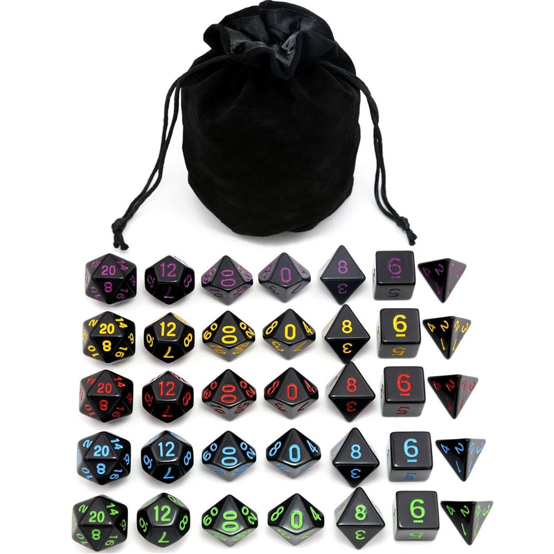 5 Sets New Black Polyhedral Dice With Satin Lined Velvet Bag For Dungeons A
