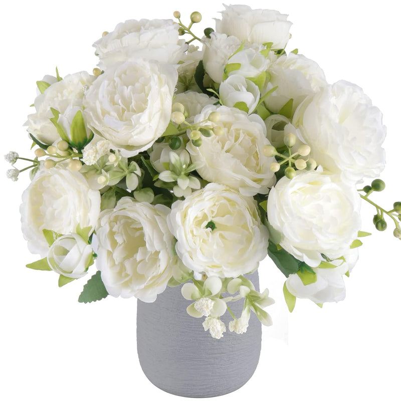 Artificial Peonies Silk Flowers, White Faux Peony Bouquet 4 Bundles Florals Ar
