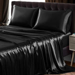 4Pcs Satin Sheet Set Queen Size Ultra Silky Soft Black Satin Queen Bed Sheets With Deep Pocket, 1 Fitted Sheet, 1 Flat Sheet, 2 Envelope Closure Pillowcases