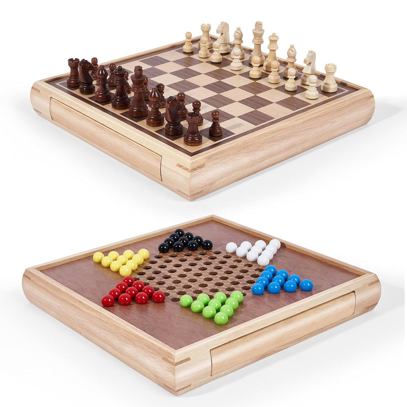 13" Chess Chinese Checkers 2 In 1 Wooden Board Game Set With Pieces Storage