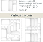SimpleSort 18-Piece Stackable Clear Drawer Organizer Set | Multi-size Trays | Makeup Vanity Storage Bins and Office Desk Drawer Dividers