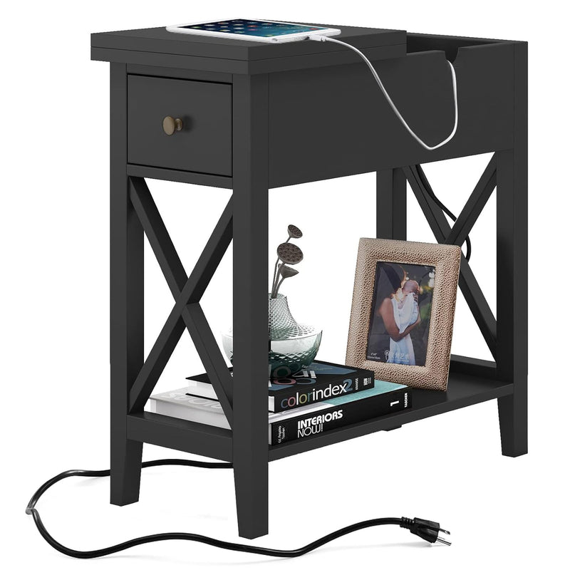 End Table With Flip Top And Charging Station, Narrow Side Table With Storage C
