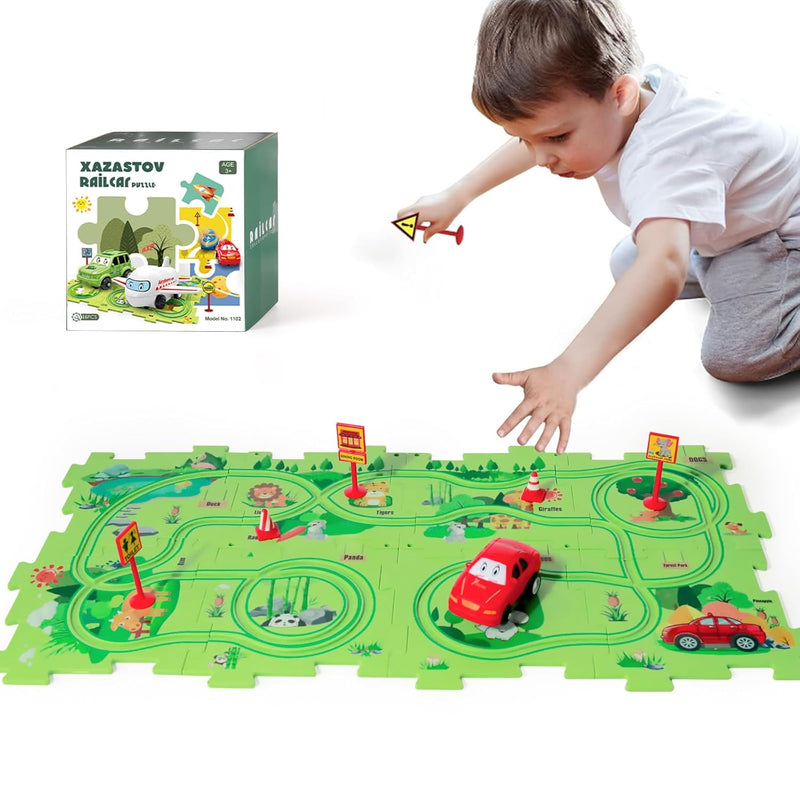 Puzzle Track Car Play Set, Plastic Floor Puzzles For Kids With Vehicles, 2