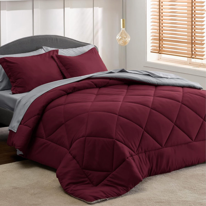 Burgundy Queen Comforter Set - 7 Pieces Reversible Queen Bed In A Bag Queen Be