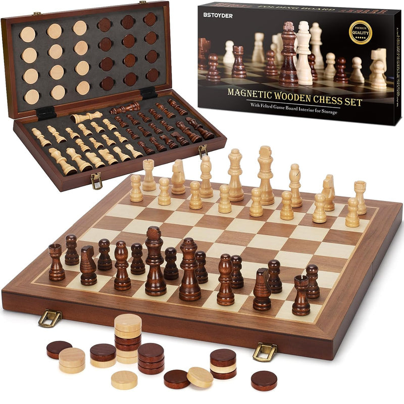 2 In 1 Magnetic Wooden Chess And Checkers Board Game Set, 15" Folding Chess