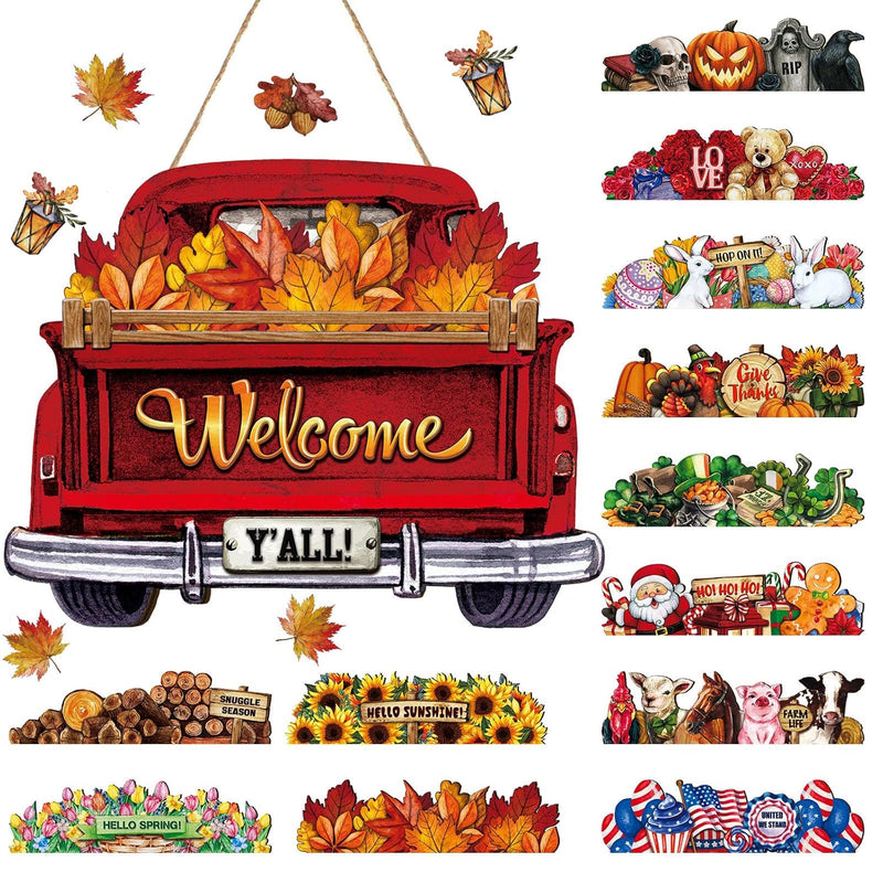 Interchangeable Welcome Sign Red Truck Decor Hanging Sign Farmhouse Seasonal W