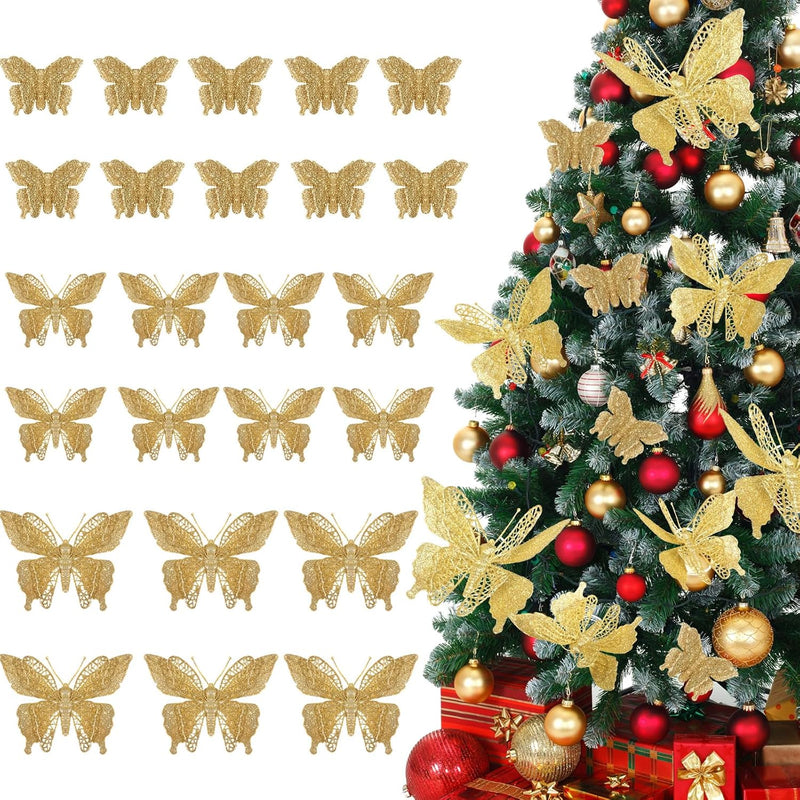 24 Pcs 3 Sizes Glitter Butterfly Christmas Tree Decorations Gold Hollow Butter