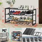 Bamboo Shoe Rack for Closet, Stackable 3 Tier Longer Shoe Organizer Shelf Holder Storage 12-15 Pairs for Entryway Door Hallway Bedroom Garage Space Saving Foldable Black
