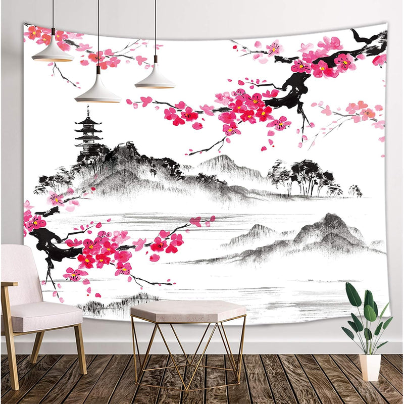 Japanese Watercolor Spring Tapestry Wall Hanging, Mount Fuji With Cherry Bloss