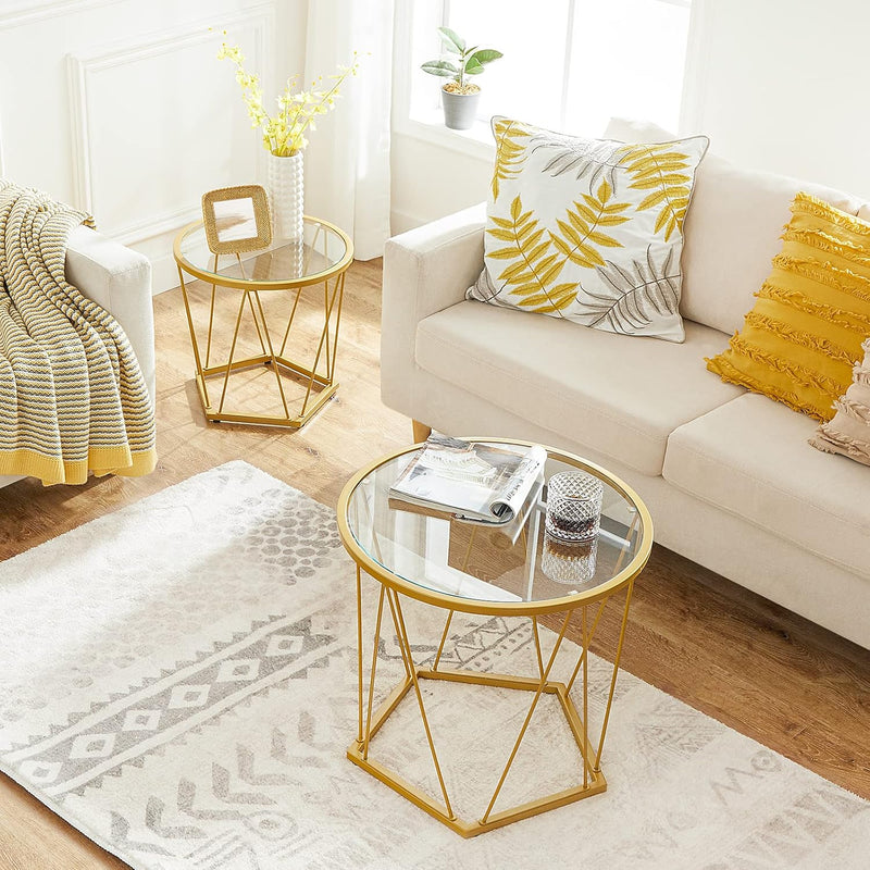 Round Coffee Table Set Of 2, Gold Coffee End Table With Metal Frame, Tempered