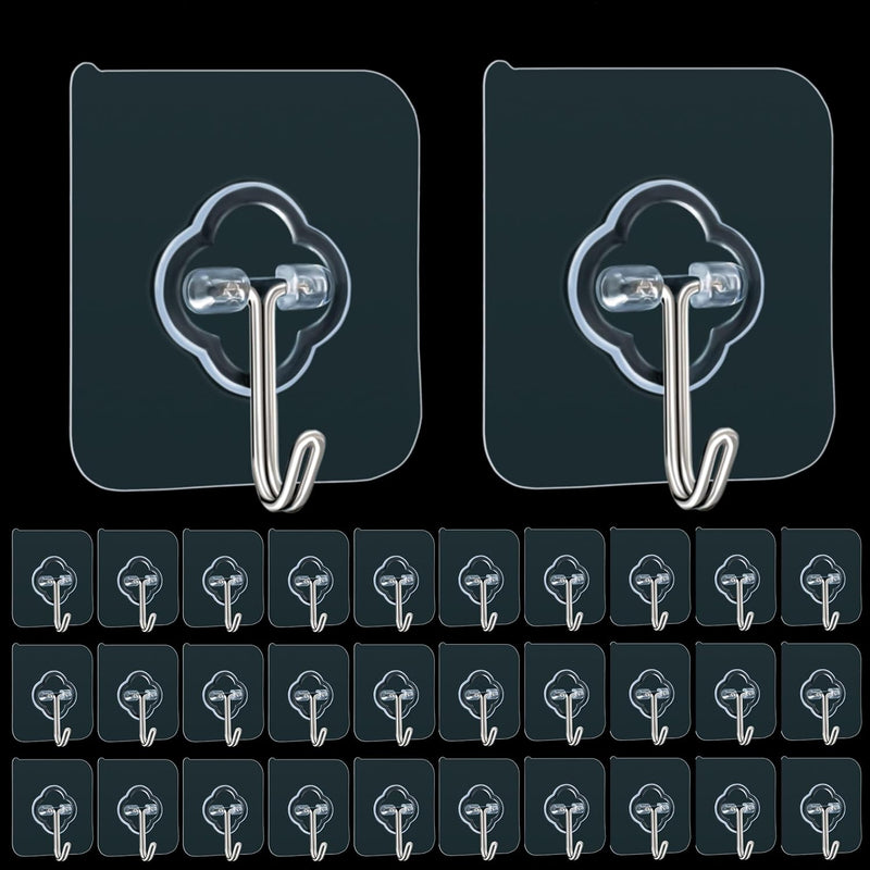 Adhesive Hooks, 32 Pack 33Lb(Max) Sticky Hooks, Transparent Reusable Removable A