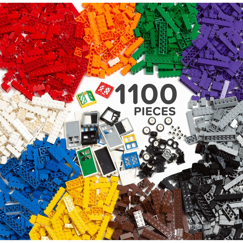 1100 Piece Building Bricks Play Set, 10 Classic Colors Bricks, Includes Whe