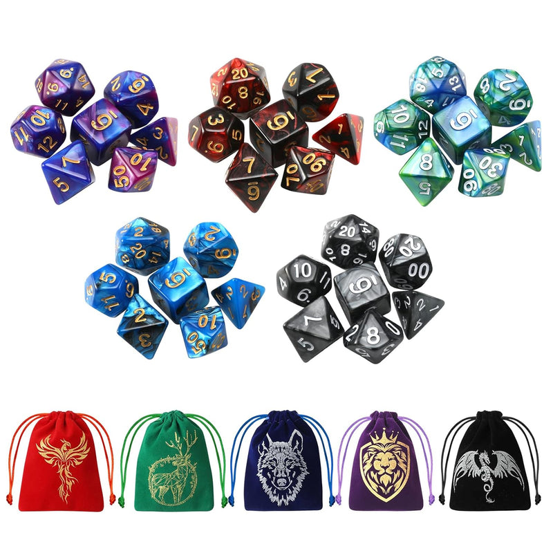 35Pcs Dnd Dice Set With 5 Colorful Animal Patterned Dice Pouches, Polyhedra