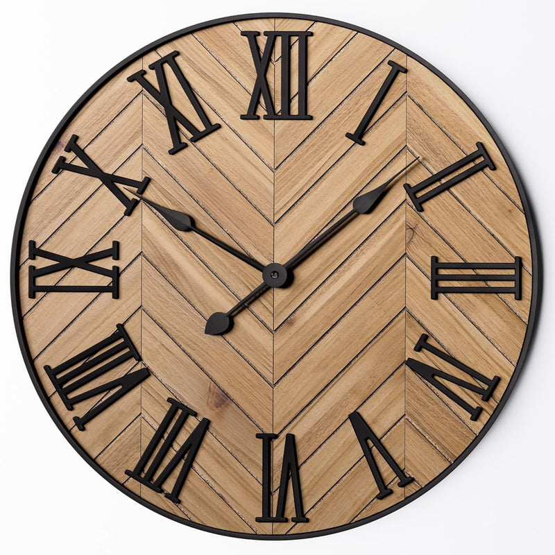 Large Wall Clock 24" Round - Silent Metal & Wood Large Clock - Farmhouse Wall