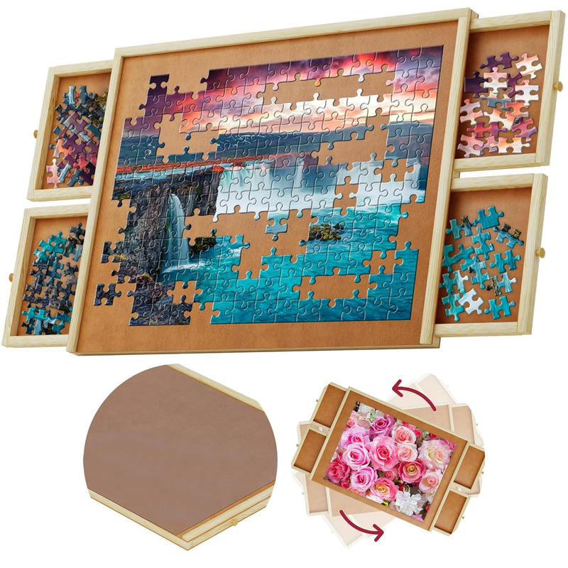 1000 Piece Wooden Jigsaw Puzzle Board 4 Drawers, Rotating Puzzle Table 30”