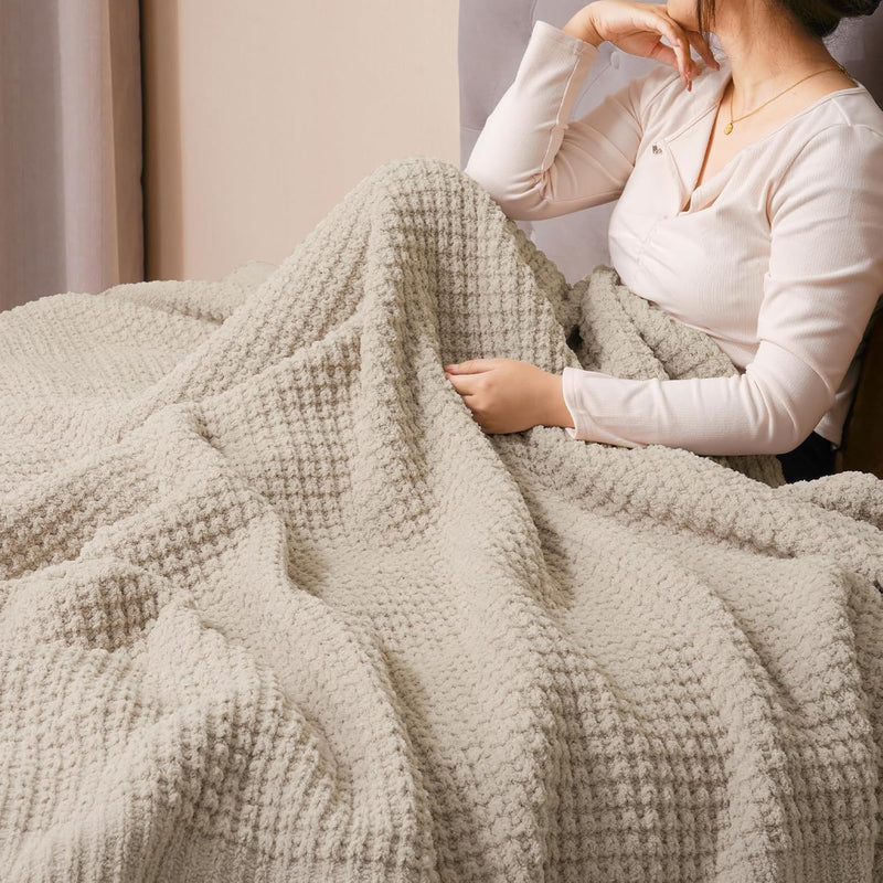 Chenille Waffle Knit Throw Blanket- Plush Warm & Cozy 50" X 60" Ultra Soft Bla