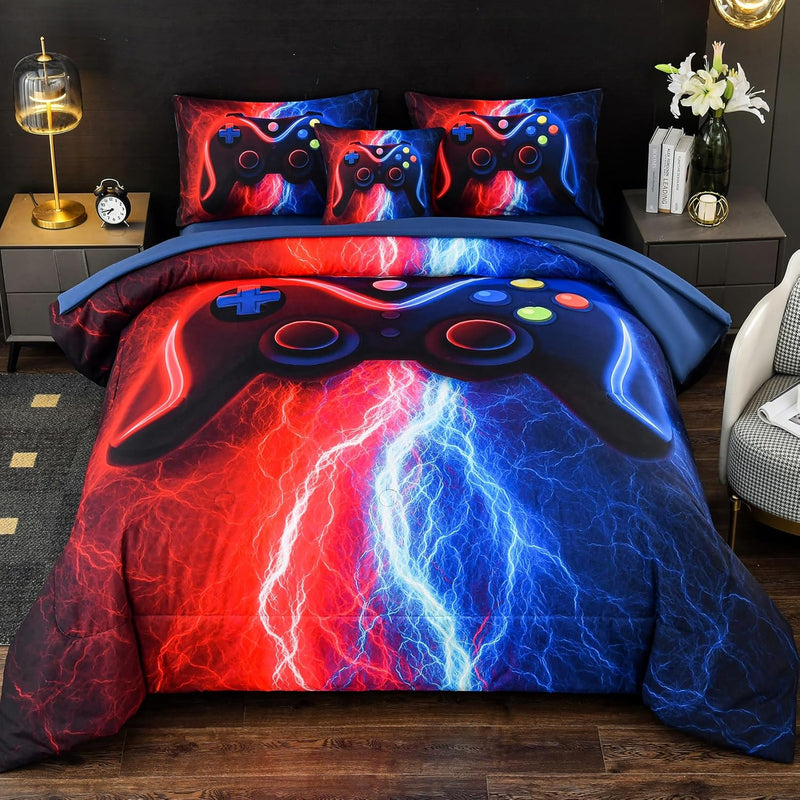 Game Console Comforter Set With Sheets For Boys, Full Size Red Blue Gaming Bed