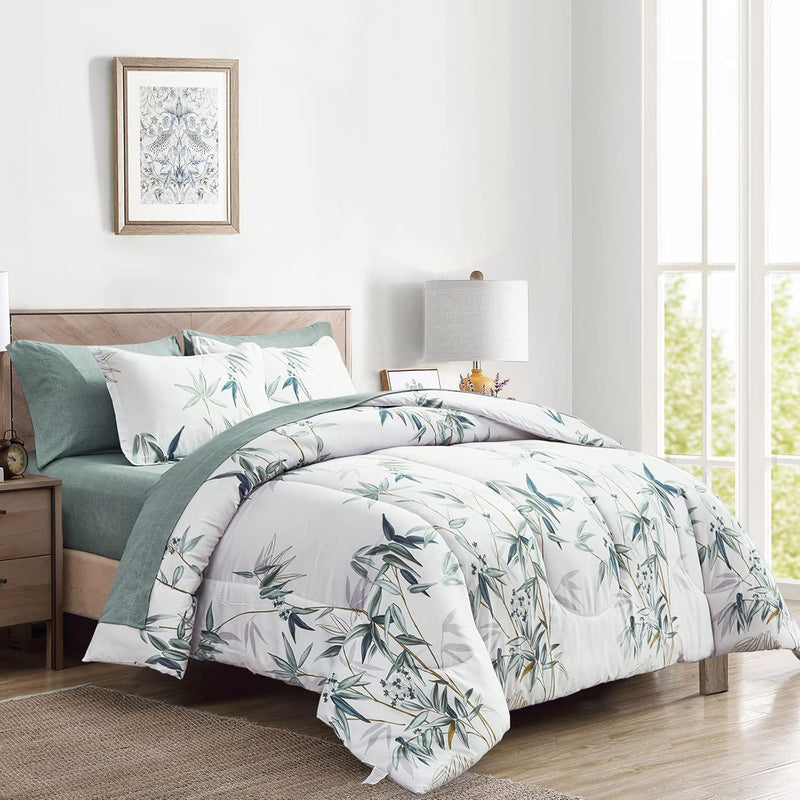 7 Pieces Bed In A Bag King Comforter Set With Sheets, Green Leaves On White Bo