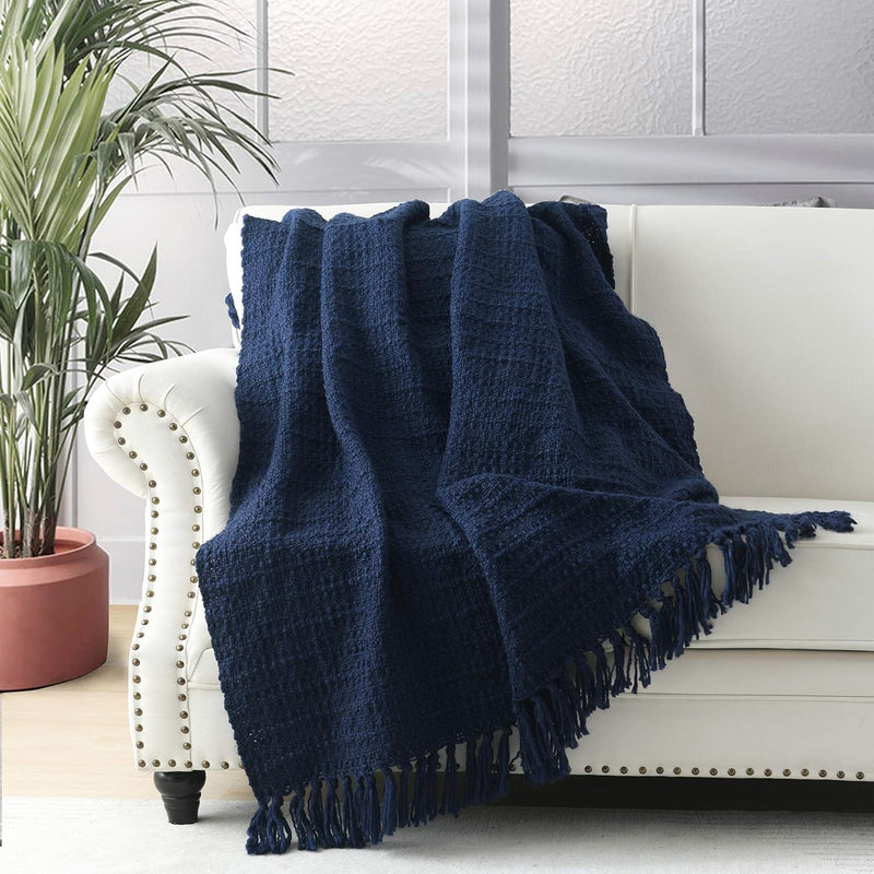 Chunky Knit Throw Blanket, Navy Blue Soft Warm Cozy Bed Throw Blanket With Tas