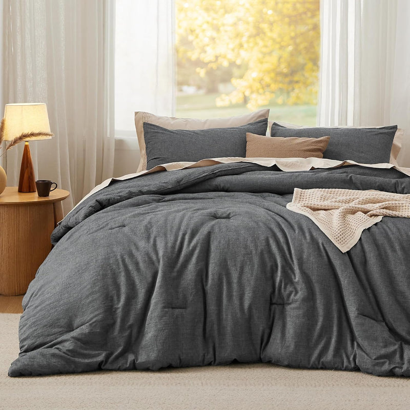 Cotton Comforter Set King Size - Dark Grey 100% Washed Cotton Comforter, Soft