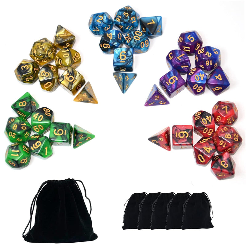 5 x 7-Die Double-Colors Polyhedral Dice Sets with Pouches for D&D DND RPG M